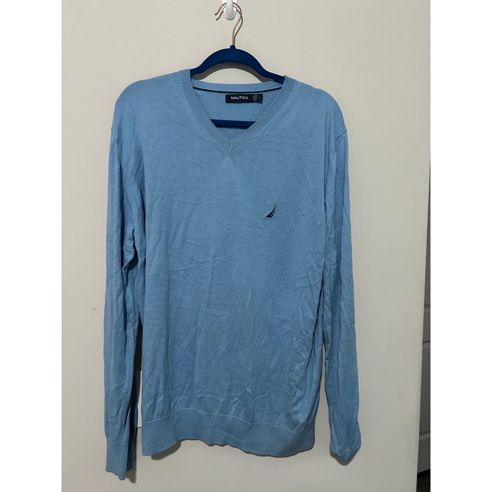 Nautica Men's Sweater Light Blue V Neck Long Sleeve Cotton‎ Blend Casual